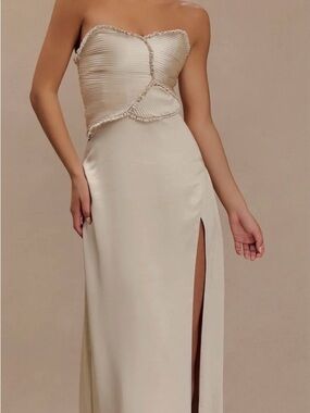 Meshki Strapless Cream Satin Maxi Dress with High Side Slit